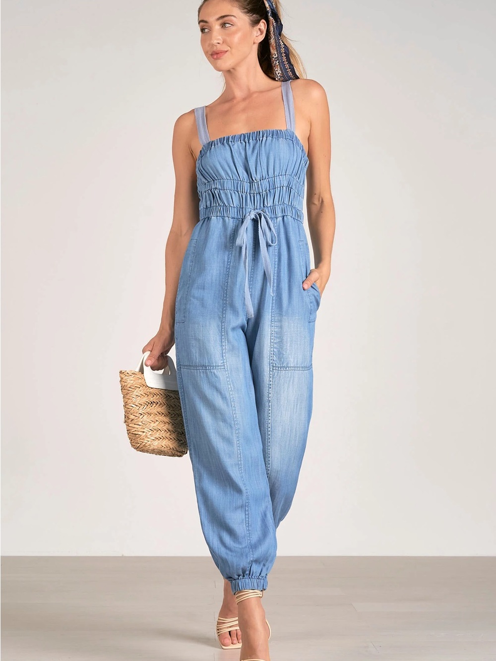 Elan Light Blue Denim Smocked Jumpsuit